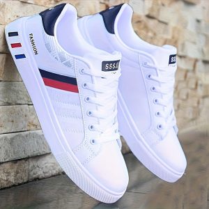 Men'S Low-Top Lace-Up Sports Shoes - Breathable Synthetic Material, Anti-Slip PVC Sole, Striped Design, Suitable for Casual And Outdoor Wear, with Comfortable Fabric Lining. Daily Sneakers | Minimalist Style Two Shoe Styles Randomly Shipped