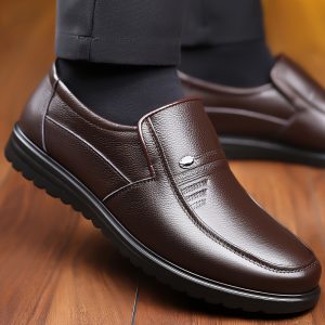 Men'S Classic Business Casual Loafers - Slip-On Dress Shoes, Black Synthetic, Round Toe, Suitable for Office Or Formal Occasions
