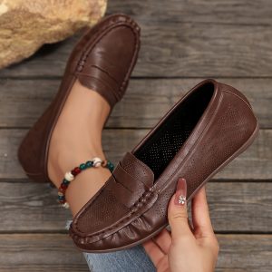 2025 Springu002FSummer New Women's Loafers, Shallow Round Toe, Fashionable Simple, Perforated Breathable Casual Lightweight, Soft Sole Comfortable Non-Slip, Trendy New Women's Fashion Shallow Flat Loafers, Women Shoes
